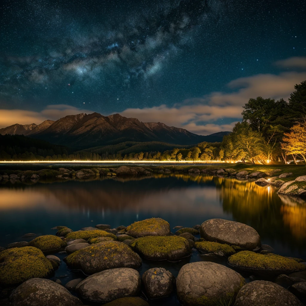 4K,{Dynamic},Ultra-fine,(nigh sky:1.5),(masutepiece),(Best Quality, High quality:1.4),,Hyper realistic,Dynamic,Perfect Anatomy,A serene landscape by water under a star-studded sky, leading to a warmly lit room, evoking tranquility and comfort.