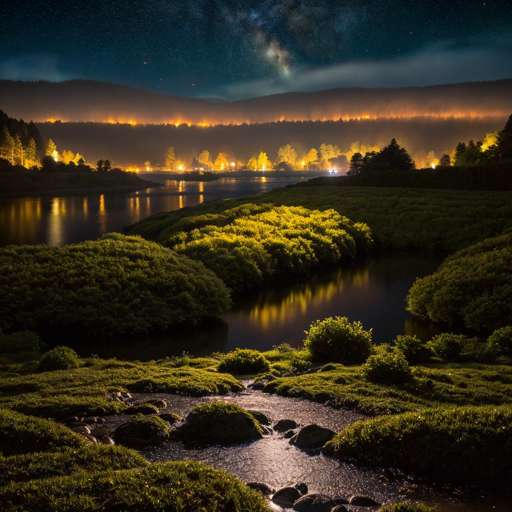 4K,{Dynamic},Ultra-fine,(nigh sky:1.5),(masutepiece),(Best Quality, High quality:1.4),,Hyper realistic,Dynamic,Perfect Anatomy,A serene landscape by water under a star-studded sky, leading to a warmly lit room, evoking tranquility and comfort.