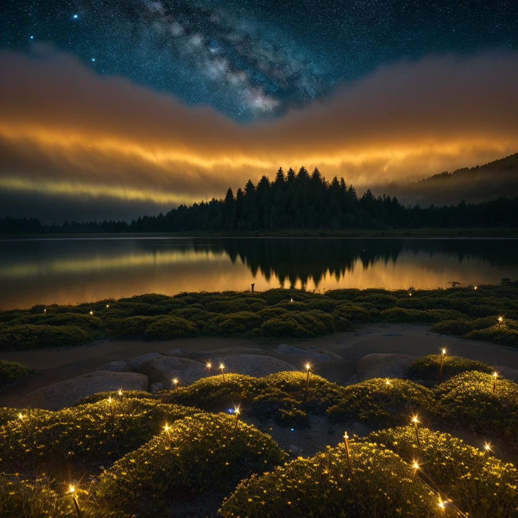 4K,{Dynamic},Ultra-fine,(nigh sky:1.5),(masutepiece),(Best Quality, High quality:1.4),,Hyper realistic,Dynamic,Perfect Anatomy,A serene landscape by water under a star-studded sky, leading to a warmly lit room, evoking tranquility and comfort.