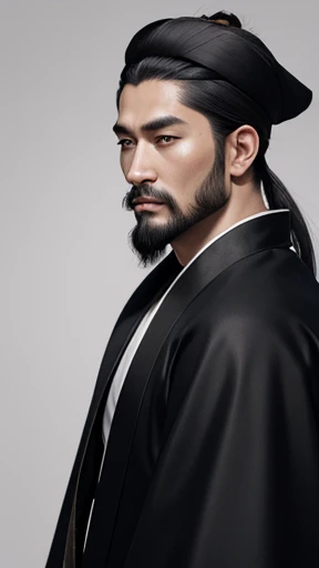 Oriental、Men in ancient Chinese costumes、ancient chinese hairstyle male、Three Kingdoms、Multiple warlords、Highest quality、masterpiece、Ultra-high resolution、(Realistic:1.4)、Game Poster、Crisp and beautiful image quality、Black clothes、White robe、Nose beard、A small hat was placed on the topknot.、