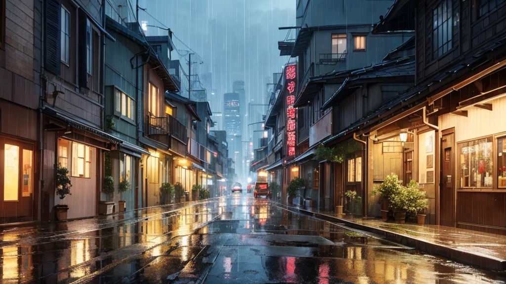 "No figures are present in any of the scenes. Landscapes, buildings, and rain-soaked flowers take center stage.""A rainy night under the streetlights. Puddles form in the alleyways.""A skyline of buildings from the Showa era. The atmosphere of a bygone era fills the air."