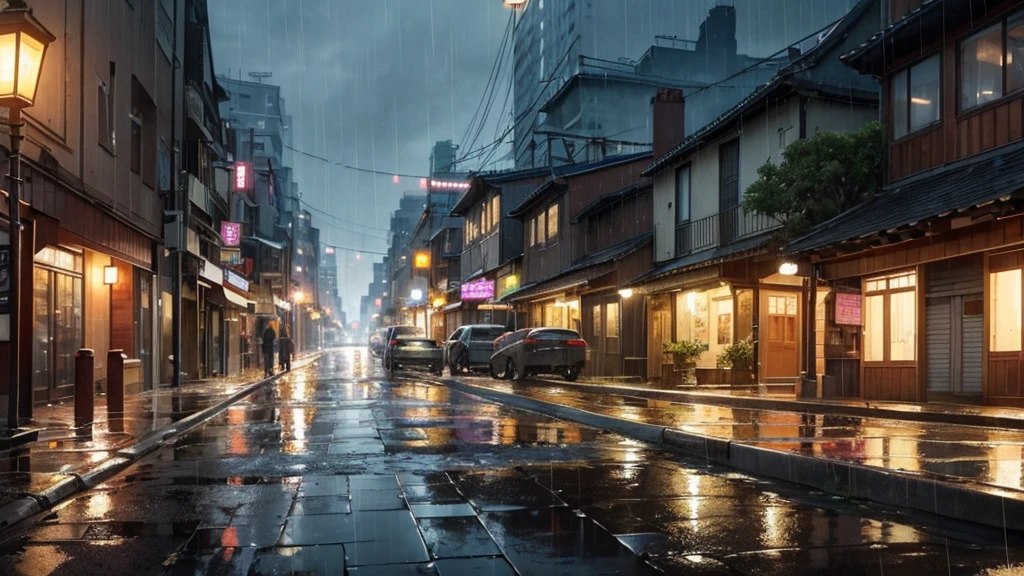 "No figures are present in any of the scenes. Landscapes, buildings, and rain-soaked flowers take center stage.""A rainy night under the streetlights. Puddles form in the alleyways.""A skyline of buildings from the Showa era. The atmosphere of a bygone era fills the air."