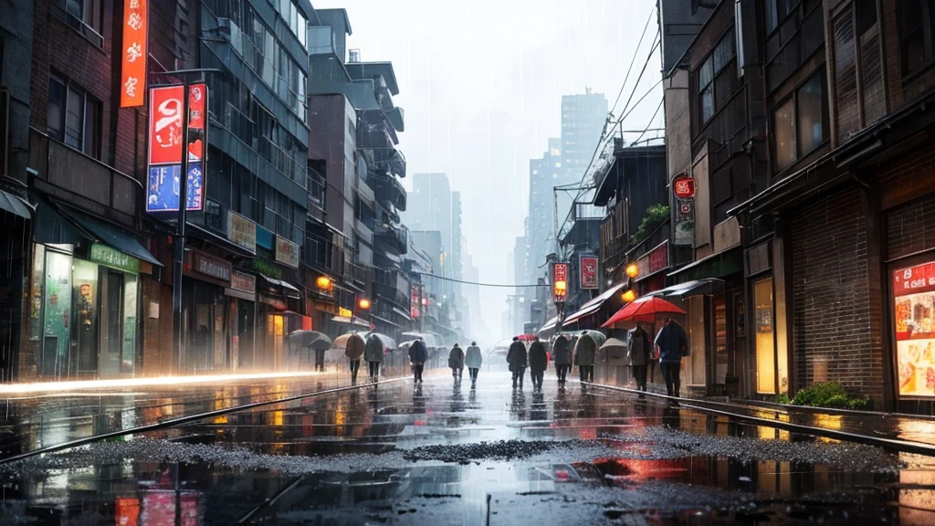 "No figures are present in any of the scenes. Landscapes, buildings, and rain-soaked flowers take center stage.""A rainy night under the streetlights. Puddles form in the alleyways.""A skyline of buildings from the Showa era. The atmosphere of a bygone era fills the air."