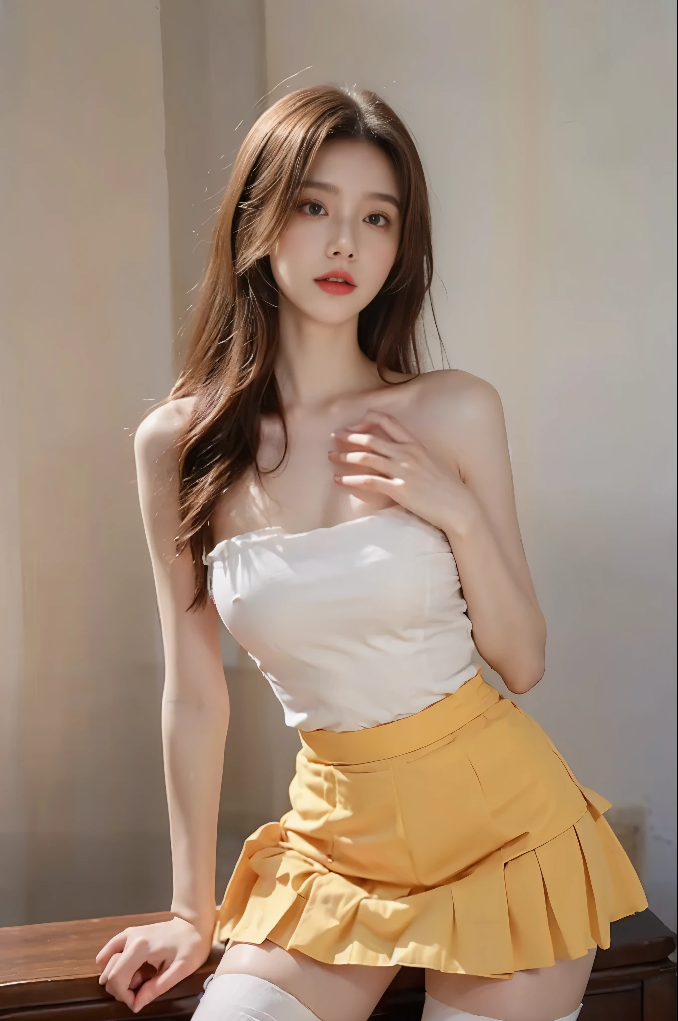 strapless dress,bow, yellow dress,white thighhighs,blue ribbon,, Beauty, beautiful女人，Have a perfect body：1.4，Layered Hairstyle，((Big breasts)), ((D cup)), Visible cleavage，Bare shoulders, Highly detailed face and skin texture，Double eyelids，Skin Whitening，Long hair，Whitening long legs，Standing by the sea, Fashion girl, Red lips, Sweet maiden, beautiful妆容, detail, lifelike, Very detailed, amazing, beautiful, Young and energetic, high quality，High Definition, rich and colorful，Exquisite, Smooth skin, The skirt is short, Lift the skirt with your hands, Elegant and charming posture, Official Art, Extremely detailed, Movie atmosphere, Soft colors, Natural skin texture,