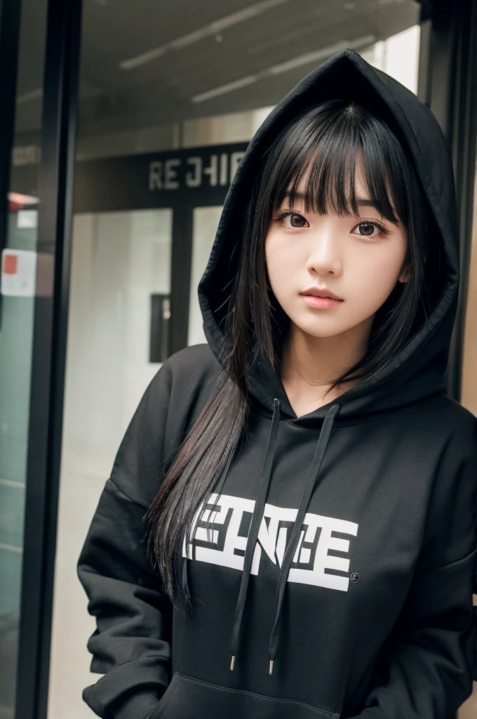 A girl with long black hair wearing a black hoodie with a hood, tall, large chest, and bangs
