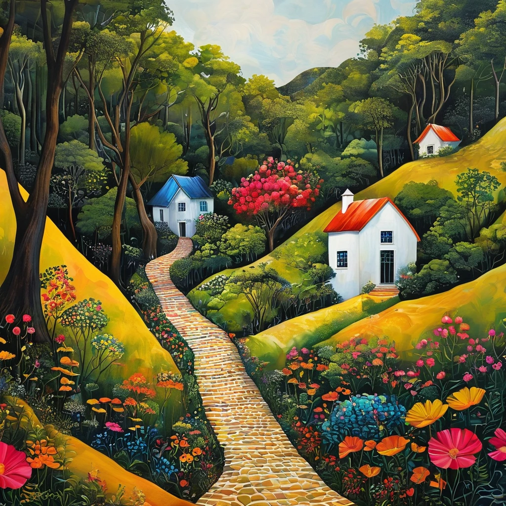(Obra de arte, melhor qualidade:1.2),Geometric Graphic Art,There is a path that leads to a house in the painting, Aldeia na floresta, Uma pequena aldeia, Uma linda casa em um caminho na floresta, Uma vila antiga, e uma casinha na floresta
