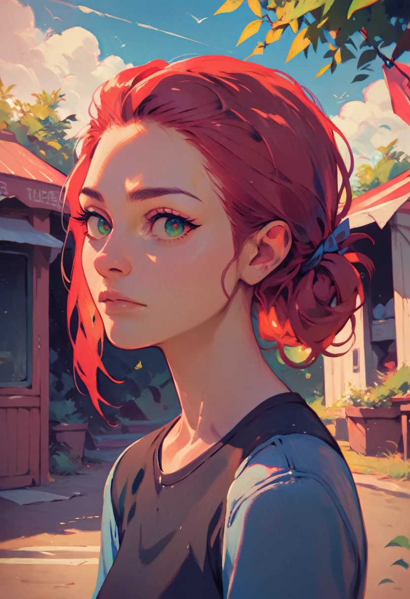 ((red hair)), green eyes, half bun hair, bust, ((curious look)), ((masterpiece)), ((detailed)), ((black shirt)), ((blue jeans)), ((best quality)), ((outside)), small breasts, ((bright)), (pretty eyes), looking at viewer
