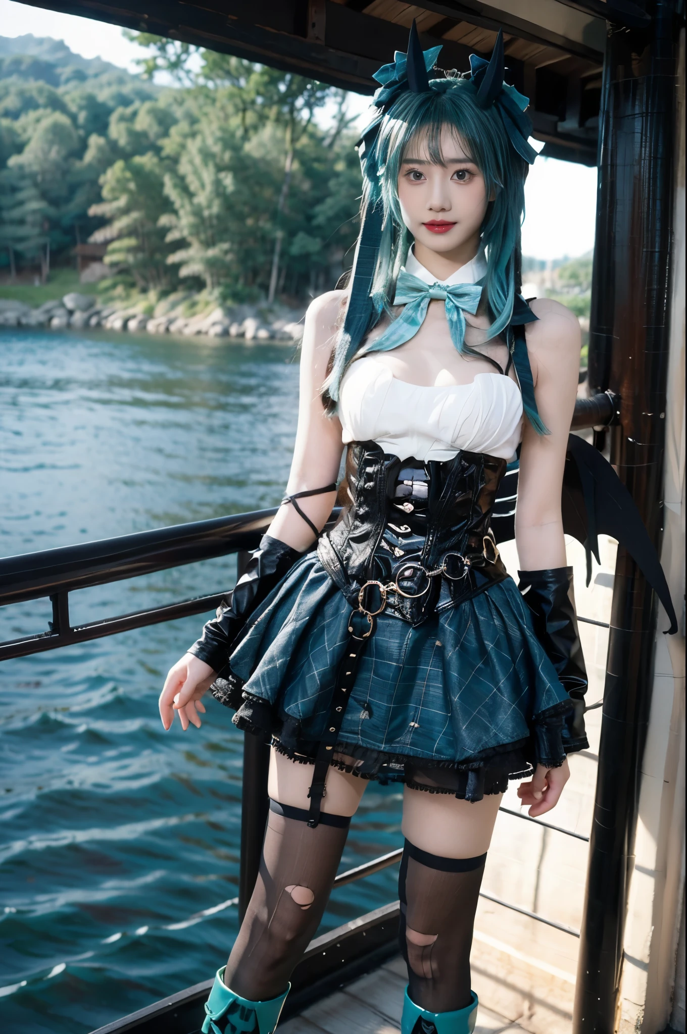 hatsune miku cosplay costume, hatsune miku, cosplay, aqua hair, very long hair, twintails, shirt, corset, skirt, plaid skirt, detached collar, detached sleeves, arm warmers, bowtie, bow, horns, demon horns, demon wings, demon tail, ribbon, o-ring, chain, thigh strap, hair ribbon, hair bow, thighhighs, torn thighhighs, knee boots, belt boots, platform boots, Beauty, beautiful女人，Have a perfect body：1.4，Layered Hairstyle，((Big breasts)), ((D cup)), Visible cleavage，Bare shoulders, Highly detailed face and skin texture，Double eyelids，Skin Whitening，Long hair，Whitening long legs，Standing by the sea, Fashion girl, Red lips, Sweet maiden, beautiful妆容, detail, lifelike, Very detailed, amazing, beautiful, Young and energetic, high quality，High Definition, rich and colorful，Exquisite, Smooth skin, The skirt is short, Lift the skirt with your hands, Elegant and charming posture, Official Art, Extremely detailed, Movie atmosphere, Soft colors, Natural skin texture,