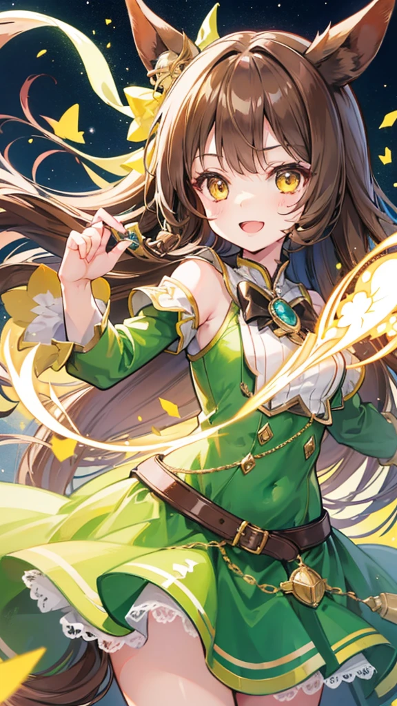 girl,Colossal ,Smile with open mouth,horse ears,brown hair,long hair,green magical girl costume,yellow eyes,Top image quality,Best Quality