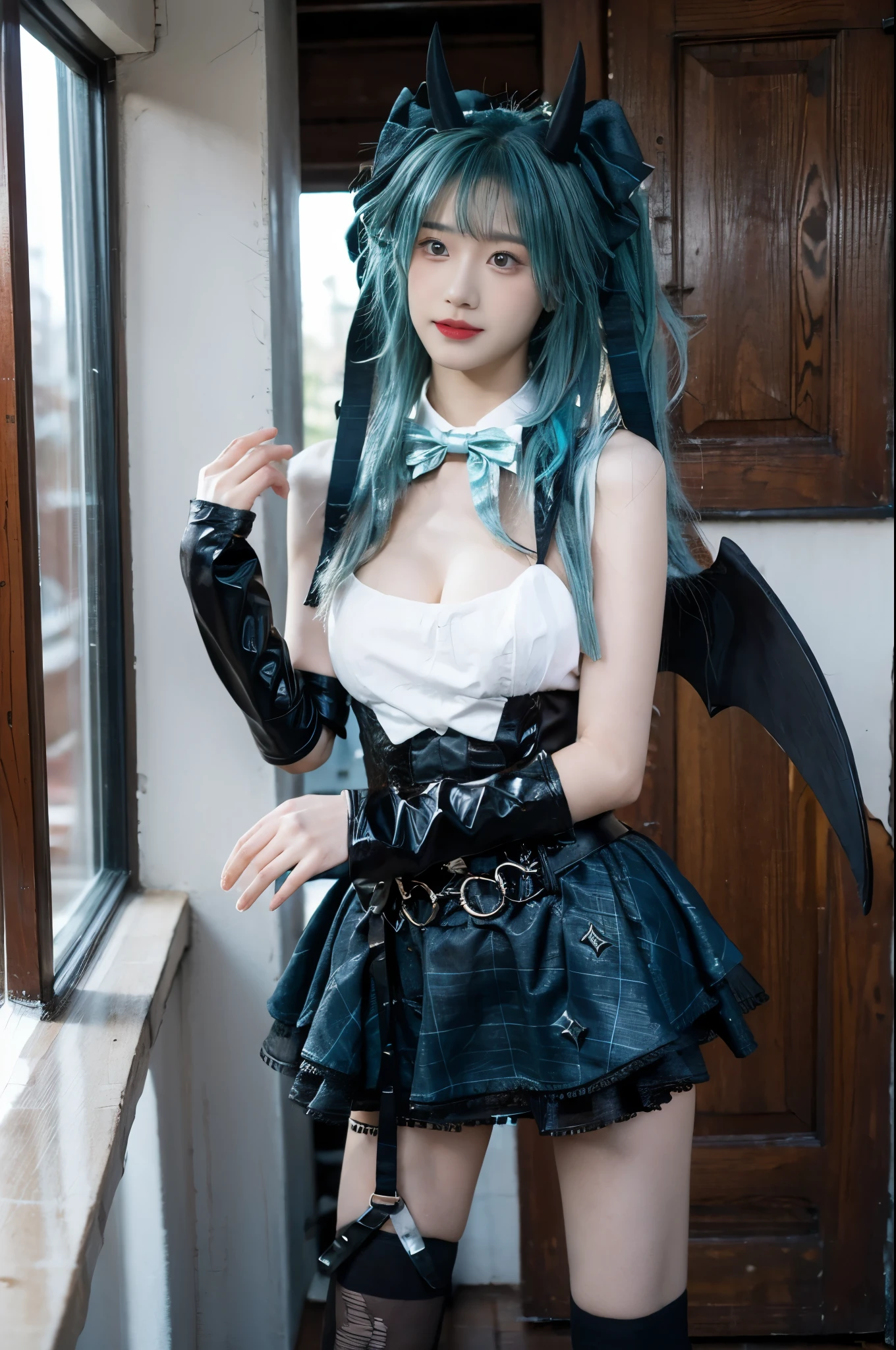hatsune miku cosplay costume, hatsune miku, cosplay, aqua hair, very long hair, twintails, shirt, corset, skirt, plaid skirt, detached collar, detached sleeves, arm warmers, bowtie, bow, horns, demon horns, demon wings, demon tail, ribbon, o-ring, chain, thigh strap, hair ribbon, hair bow, thighhighs, torn thighhighs, knee boots, belt boots, platform boots, Beauty, beautiful女人,Have a perfect body:1.4,Layered Hairstyle,((Big breasts)), ((D cup)), Visible cleavage,Bare shoulders, Highly detailed face and skin texture,Double eyelids,Skin Whitening,Long hair,Whitening long legs,Standing by the sea, Fashion girl, Red lips, Sweet maiden, beautiful妆容, detail, lifelike, Very detailed, amazing, beautiful, Young and energetic, high quality,High Definition, rich and colorful,Exquisite, Smooth skin, The skirt is short, Lift the skirt with your hands, Elegant and charming posture, Official Art, Extremely detailed, Movie atmosphere, Soft colors, Natural skin texture,