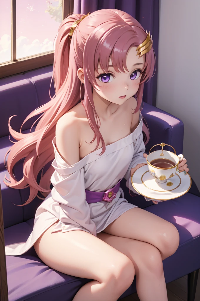 1 girl, Solo, , Lori, , Cute Girl,Best Quality, Ultra-detailed, 8K, High resolution,
lacus clyne, (purple eyes:1.1), hair ornament, long hair, wave hair ornament, pink hair,
tea time、Off the shoulder