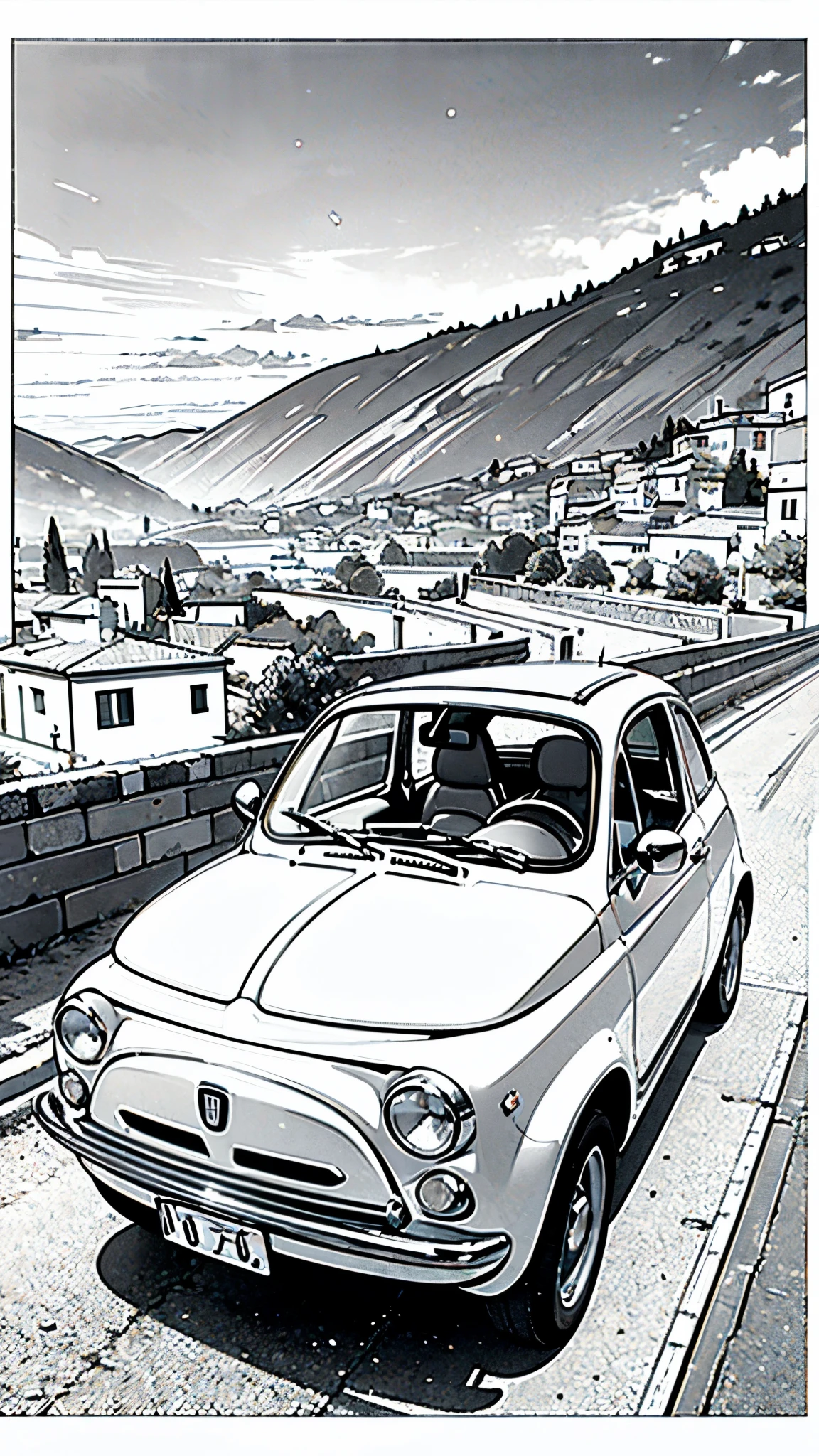 (masterpiece:1.2, Highest quality),(Line art),(Monochrome),(Very detailed),8K,wallpaper,Fiat 500,Italian town,Sunset