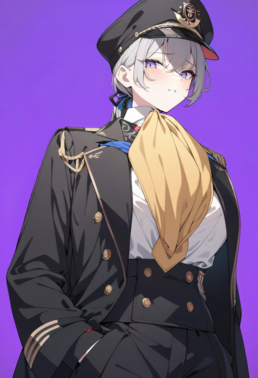 (1girl:1.3), (exceptional, best aesthetic, new, newest, best quality, anime, waifu:1.2), master piece, best quality, ultra detailed, absurdres, highres, colored, good anatomy, pretty face, grey hair, no beard, no mustache, big breast, sexy, exposed breast, military uniform, peak cap, ribbon, anchor insignia on the cap, shirt buttons,