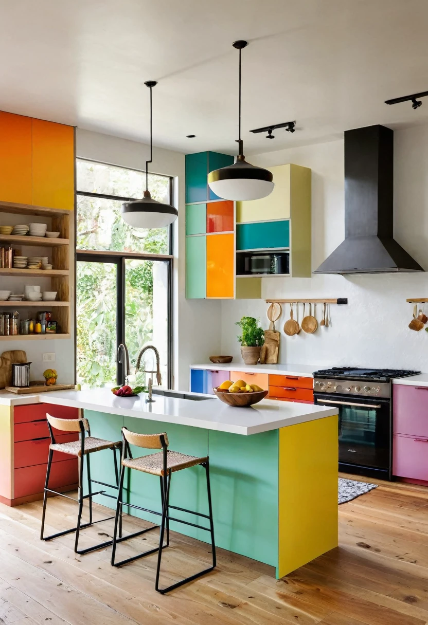 a modern kitchen, colorful cabinet doors, island table, stove, sink, natural light, wooden floor, plaster ceiling,