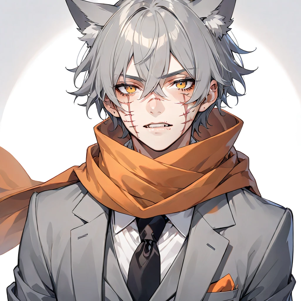 anime boy， Short gray hair,Wolf ears， (((Scars on the face, Pins, )))Gray suit，Orange scarf 