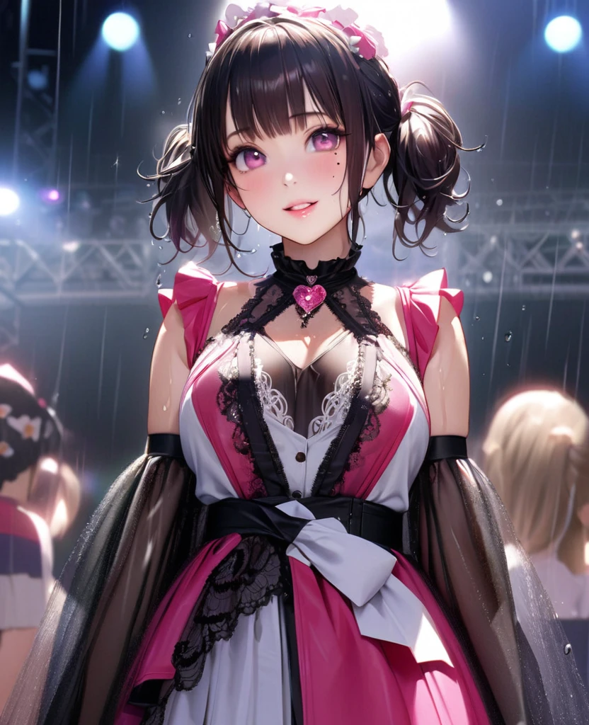 One Girl、Looking at the audience、lovely,
Beautiful pink eyes、short twin tail hair , Mole under the eye、Plump and glossy lips、Heart-shaped choca、Idol、Her name is Rico,smile、ー、。.。.。.。.。.。.。.。.。.。.。.。.。.。.。.。.。.。.3D、Realistic、
The idol's costume was soaked in the heavy rain, and her chest was wet and transparent.Heavy rain at outdoor concert, Drape clothes、gem、The decoration has been removed、Floral、Lace trim,On a glittering stage、
masterpiece、highest quality、8k、Detailed skin texture、Detailed cloth texture、Beautifully detailed face、Intricate details、Very detailed、
超A high resolution、8k Ultra HD、Film Grain、Best Shadow、delicate、Gazing at the audience、front