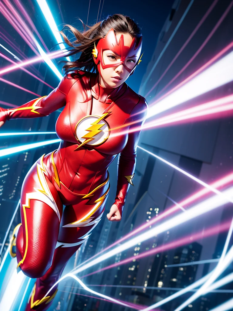 ((Flash woman)) , big breasts , medium hips, (( ultra realistic )), TM Ninja white,Icons, vibrant colors, vector style, digital art, 4k, intricate details, Mesmerizing, professionally made, Beautiful vector Illustration, 12k resolution, ..3d, all characters full-length detailed, ((highly detailed)), ((vibrant)),((Ultra high quality)), ((hyperrealism)), ((photorealism)), [ octan render], in the city, many cars (realistic)
