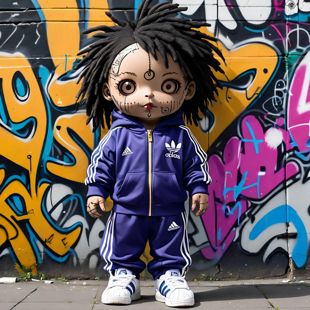 (knitted voodoo doll:1.9), (in a tracksuit with Adidas stripes:1.0), (standing in front of a wall covered in graffiti:1.3), gold chain around neck, best quality, masterpiece, detailed soft oil painting, detailed background, dramatic cinematic lighting, soft edge lighting, professional, dramatic lighting, hard edge lighting, ultra quality, 4k, masterpiece, best quality, 8k, ultra high definition, high resolution, extremely detailed