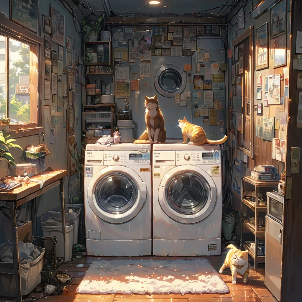 ((anime:1.4,illustration)),(masterpiece, top quality, best quality),(ultra-detailed, absolutely resolution),((16k, high res)), (((retro landory room, washing machine, many wears, cat, a girl wearing lough wears ))), ((anime:1.4, illustration)),(masterpiece, top quality, best quality),(ultra-detailed, absolutely resolution),((16k, high res)) BREAK {lofi art, style of Laurie Greasley, style of Makoto Shinkai, anime aesthetic}, BREAK { (produces images with information than 40 million pixels with cinematic-like detailed textures shot on a Sony SLR).}