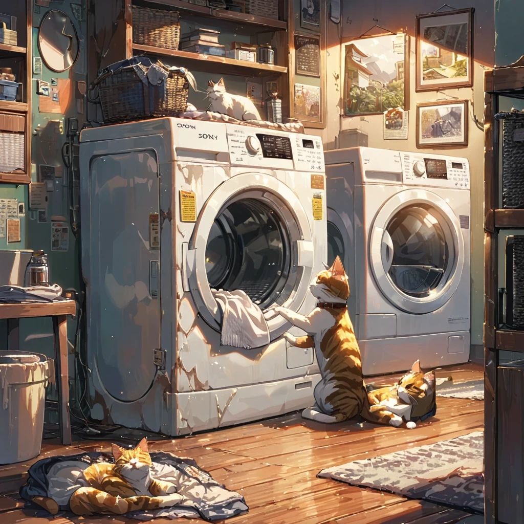 ((anime:1.4,illustration)),(masterpiece, top quality, best quality),(ultra-detailed, absolutely resolution),((16k, high res)), (((retro landory room, washing machine, many wears, cat, a girl wearing lough wears ))), ((anime:1.4, illustration)),(masterpiece, top quality, best quality),(ultra-detailed, absolutely resolution),((16k, high res)) BREAK {lofi art, style of Laurie Greasley, style of Makoto Shinkai, anime aesthetic}, BREAK { (produces images with information than 40 million pixels with cinematic-like detailed textures shot on a Sony SLR).}