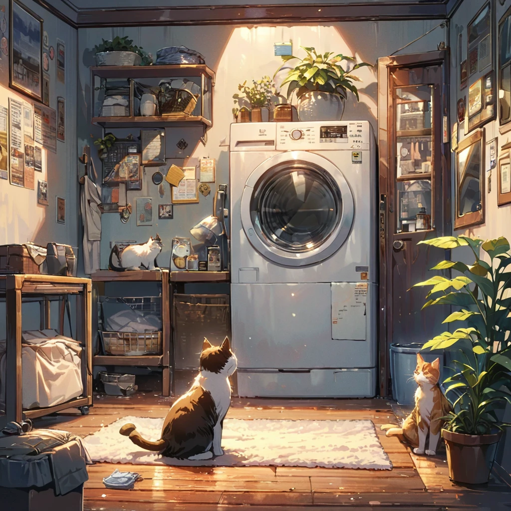 ((anime:1.4,illustration)),(masterpiece, top quality, best quality),(ultra-detailed, absolutely resolution),((16k, high res)), (((retro landory room, washing machine, many wears, cat, a girl wearing lough wears ))), ((anime:1.4, illustration)),(masterpiece, top quality, best quality),(ultra-detailed, absolutely resolution),((16k, high res)) BREAK {lofi art, style of Laurie Greasley, style of Makoto Shinkai, anime aesthetic}, BREAK { (produces images with information than 40 million pixels with cinematic-like detailed textures shot on a Sony SLR).}