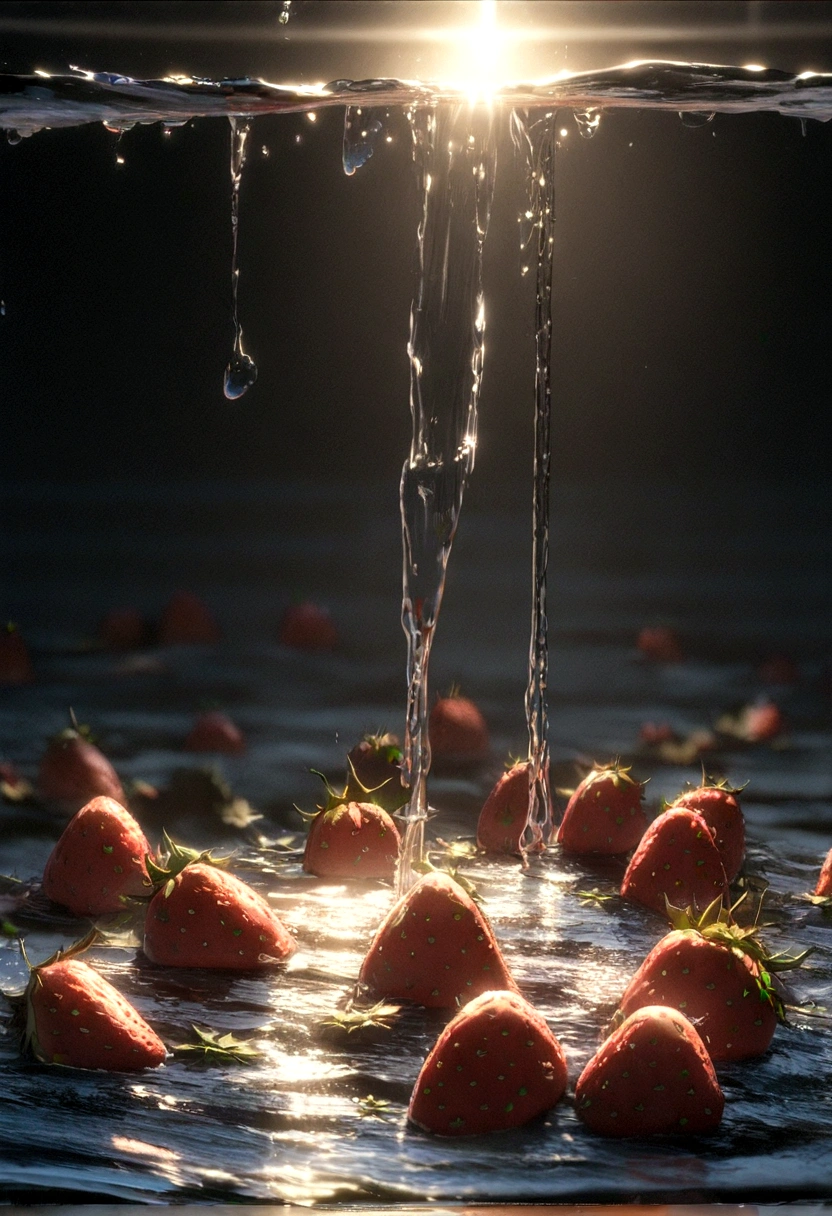 cinematic RAW photo,foto ultra real,Ultra foto realsisim,Digital SLR,soft lighting,Product photo of 5 strawberries falling into the water、Drippy、Splash clear liquid、water bloom,dynamic compositions,(master part) (best quality) (circunstanciado) (Cinematic lighting) (sharp focus) (intrincado), master part, best quality, ultrahigh-resolution, 8K UHD