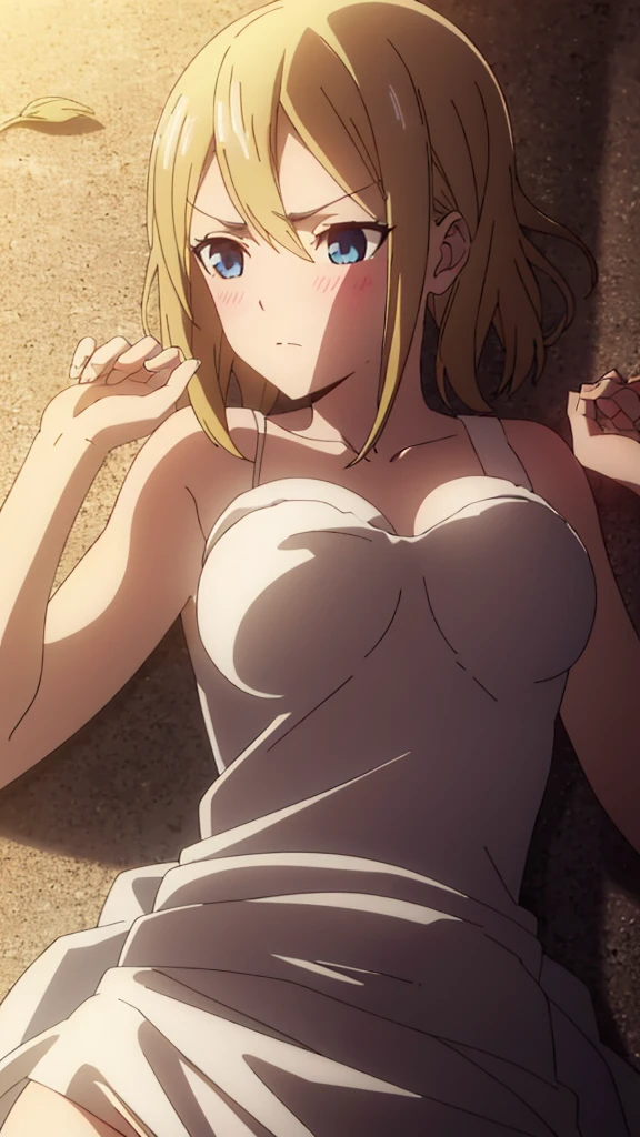 masterpiece, High resolution, anime,alone,Adult female, 8k, detailed, Perfect Face, highest quality, (super high quality),（love is war , Art Style）, (orgasm:1.4),(Lying on the ground), (detailedな青い目), ,clavicle, topless, Mid-chest,　(Perfect nipples), ,Cleavage, Blonde, medium hair, dark blue eyes, stomach, , belly button, (White lace panties), White shirt fully open front, Fully open white shirt, (White color too), in the forest,Perfect body, Upper Body, blush,,Troubled expression, Troubled eyebrows,