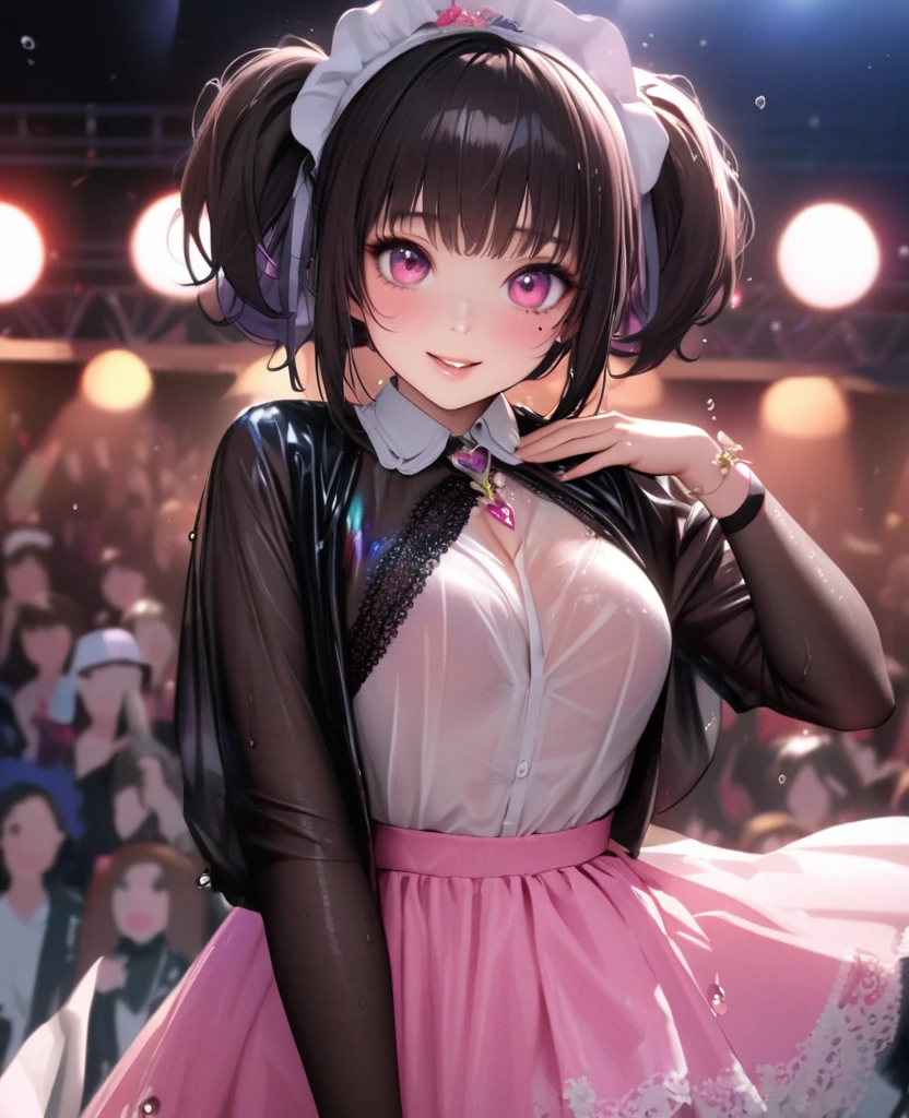 One Girl、Looking at the audience、lovely,
Beautiful pink eyes、short twin tail hair , Mole under the eye、Plump and glossy lips、Heart-shaped choca、Idol、Her name is Rico,smile、ー、。.。.。.。.。.。.。.。.。.。.。.。.。.。.。.。.。.。.3D、Realistic、
The idol's costume was soaked in the heavy rain, and her chest was wet and transparent.Heavy rain at outdoor concert, Drape clothes、gem、The decoration has been removed、Floral、Lace trim,On a glittering stage、
masterpiece、highest quality、8k、Detailed skin texture、Detailed cloth texture、Beautifully detailed face、Intricate details、Very detailed、
超A high resolution、8k Ultra HD、Film Grain、Best Shadow、delicate、Gazing at the audience、front
