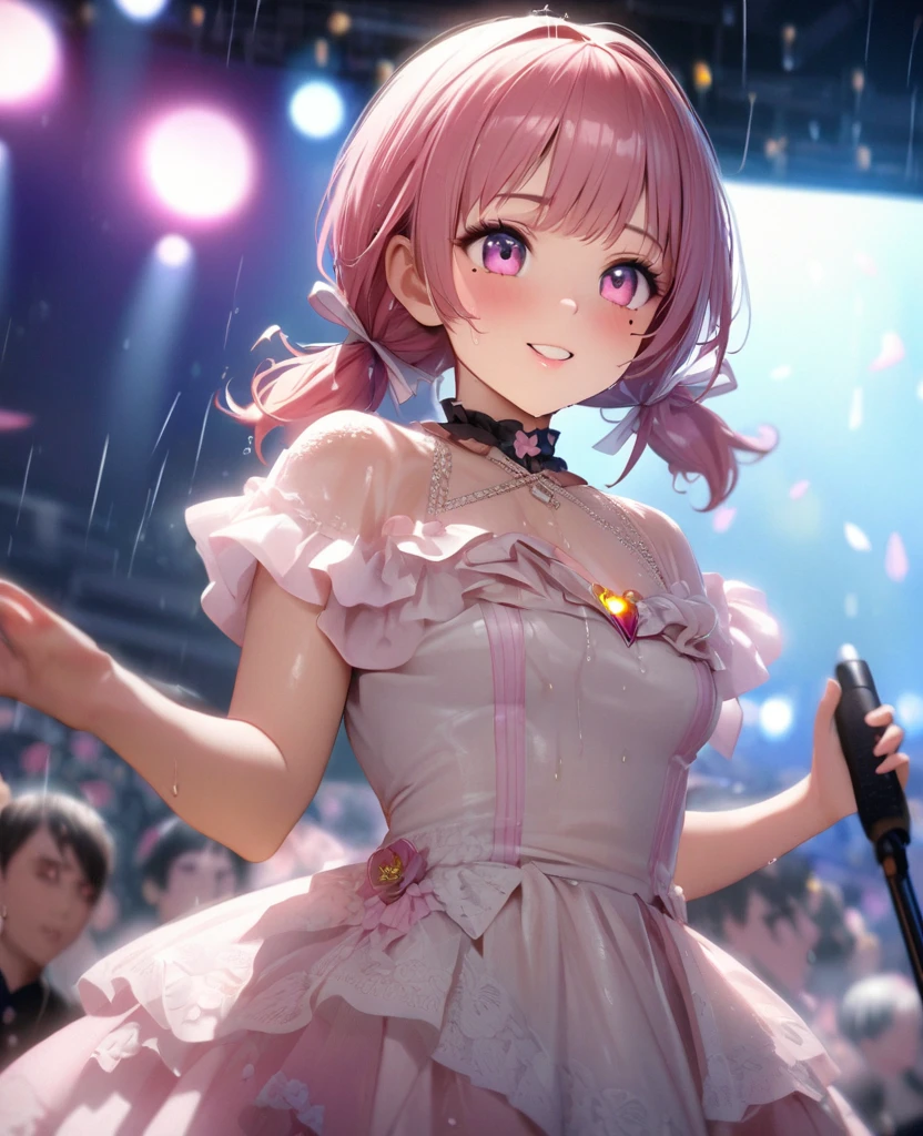 One Girl、Looking at the audience、lovely,
Beautiful pink eyes、short twin tail hair , Mole under the eye、Plump and glossy lips、Heart-shaped choca、Idol、Her name is Rico,smile、ー、。.。.。.。.。.。.。.。.。.。.。.。.。.。.。.。.。.。.3D、Realistic、
The idol's costume was soaked in the heavy rain, and her chest was wet and transparent.Heavy rain at outdoor concert, Drape clothes、gem、The decoration has been removed、Floral、Lace trim,On a glittering stage、
masterpiece、highest quality、8k、Detailed skin texture、Detailed cloth texture、Beautifully detailed face、Intricate details、Very detailed、
超A high resolution、8k Ultra HD、Film Grain、Best Shadow、delicate、Gazing at the audience、front