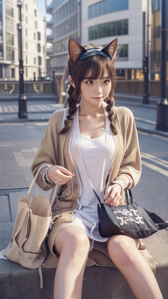 Masterpiece, 4k, Bokeh, beautiful face, (Japanese idle:1.6), (Long cardigan with a t-shirt dress and flats, Casual weekend background, Canvas tote bag:1.4), (Cat ears:1.3), Sitting on From below, (London:1.5)