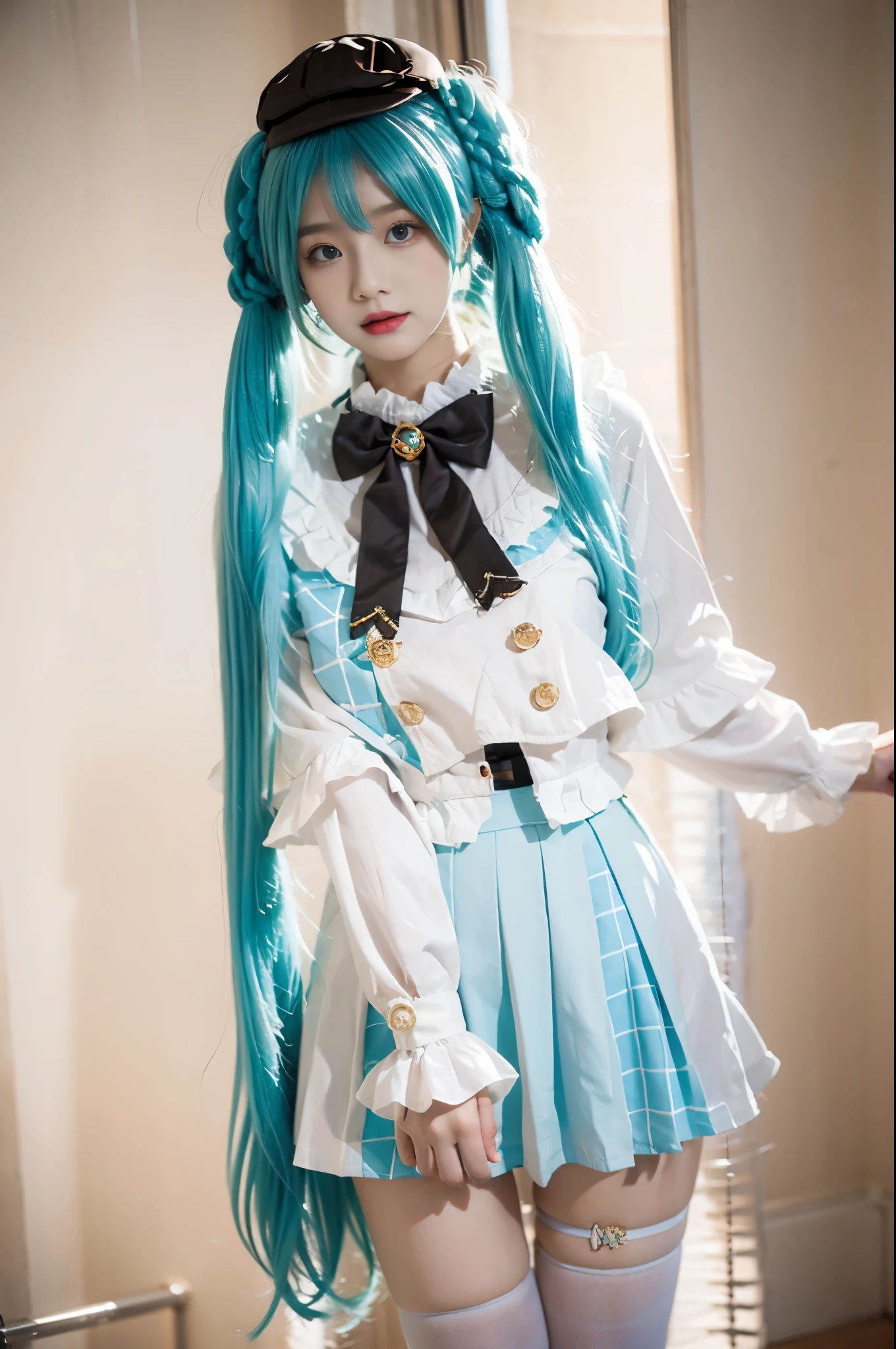 hatsune miku cosplay costume, hatsune miku, cosplay, aqua hair, twintails, very long hair, braid, capelet, long sleeves, skirt, pleated skirt, plaid, frills, bowtie, bow, hat, jewelry, brooch, thigh strap, pantyhose, white pantyhose, white boots beauty, beautiful女人，Have a perfect body：1.4，Layered Hairstyle，((Big breasts)), ((D cup)), Visible cleavage，Bare shoulders, Highly detailed face and skin texture，Double eyelids，Skin Whitening，Long hair，Whitening long legs，Standing by the sea, Fashion girl, Red lips, Sweet maiden, beautiful妆容, detail, lifelike, Very detailed, amazing, beautiful, Young and energetic, high quality，High Definition, rich and colorful，Exquisite, Smooth skin, The skirt is short, Lift the skirt with your hands, Elegant and charming posture, Official Art, Extremely detailed, Movie atmosphere, Soft colors, Natural skin texture,