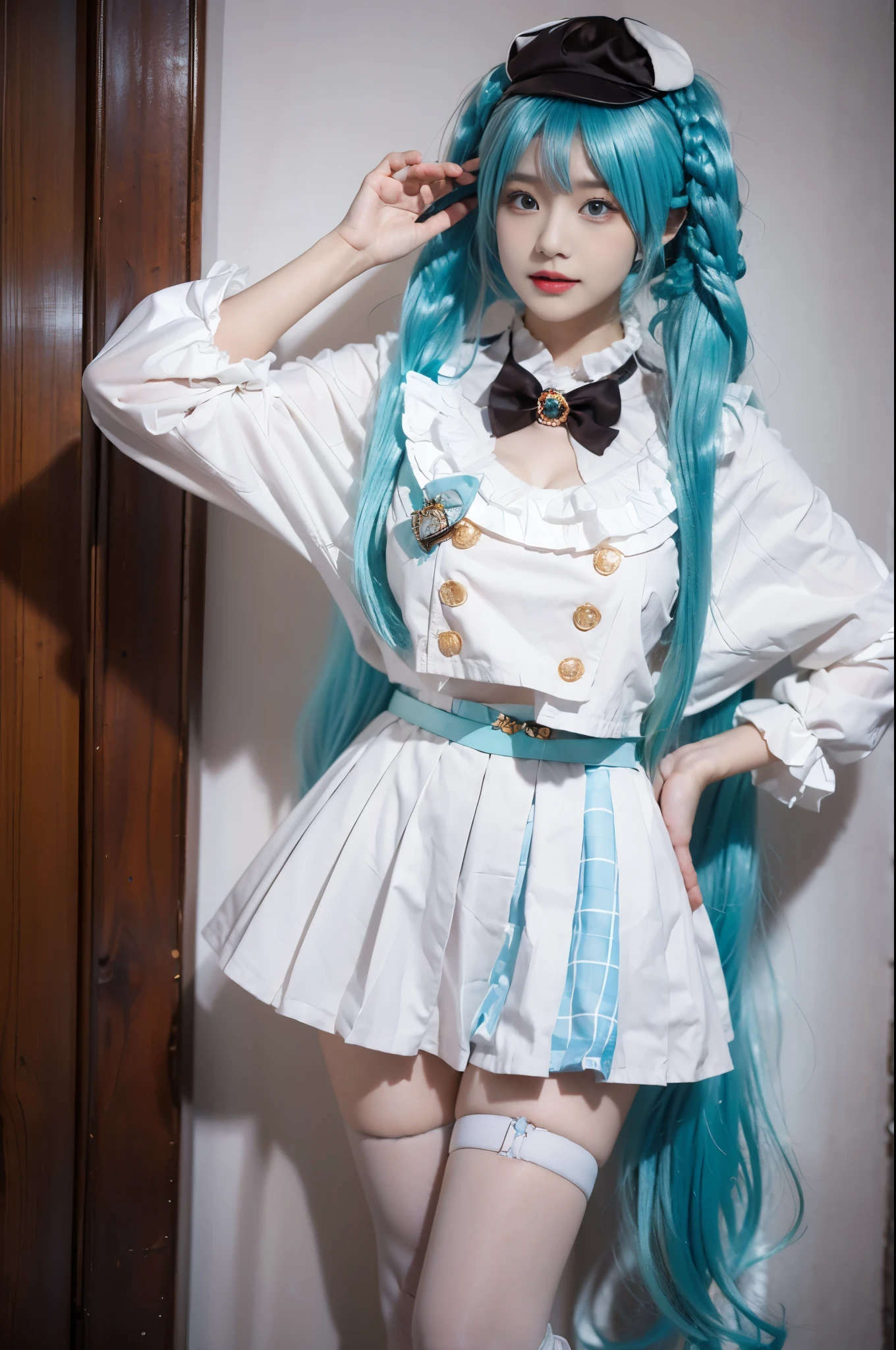 hatsune miku cosplay costume, hatsune miku, cosplay, aqua hair, twintails, very long hair, braid, capelet, long sleeves, skirt, pleated skirt, plaid, frills, bowtie, bow, hat, jewelry, brooch, thigh strap, pantyhose, white pantyhose, white boots beauty, beautiful女人,Have a perfect body:1.4,Layered Hairstyle,((Big breasts)), ((D cup)), Visible cleavage,Bare shoulders, Highly detailed face and skin texture,Double eyelids,Skin Whitening,Long hair,Whitening long legs,Standing by the sea, Fashion girl, Red lips, Sweet maiden, beautiful妆容, detail, lifelike, Very detailed, amazing, beautiful, Young and energetic, high quality,High Definition, rich and colorful,Exquisite, Smooth skin, The skirt is short, Lift the skirt with your hands, Elegant and charming posture, Official Art, Extremely detailed, Movie atmosphere, Soft colors, Natural skin texture,