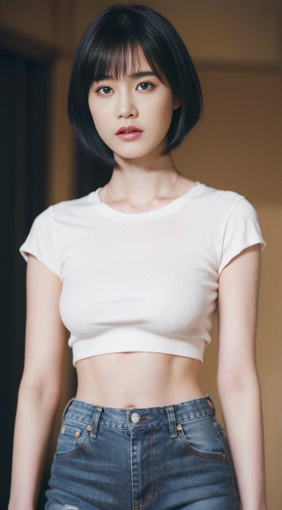 (short black hair:1.2), (20-year-old girl), (exaggerated), (masterpiece), (8KUHD), looking at the camera, slender waist, wearing jeans, unprinted T-shirt)) , full, large breasts