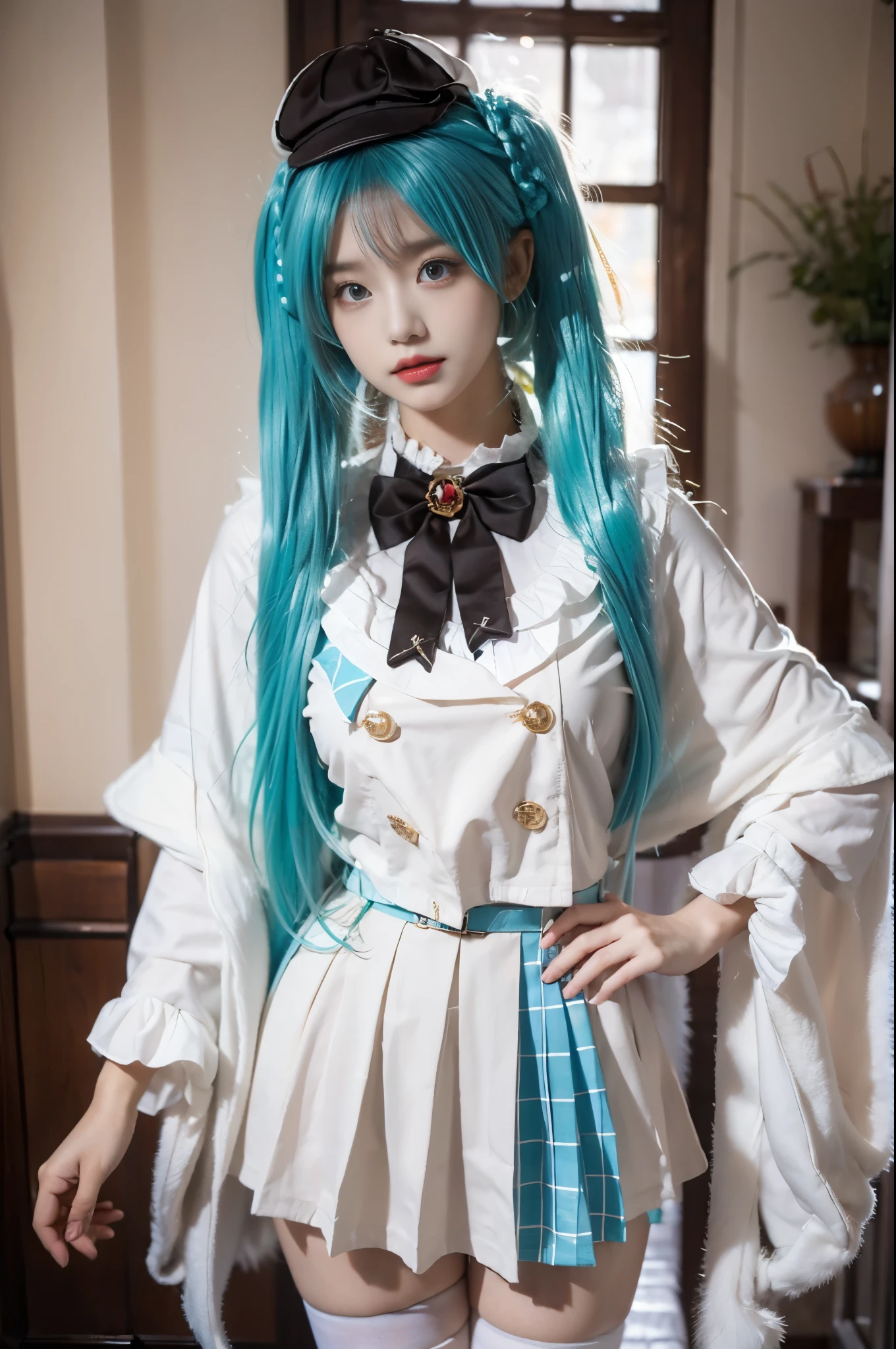 hatsune miku cosplay costume, hatsune miku, cosplay, aqua hair, twintails, very long hair, braid, capelet, long sleeves, skirt, pleated skirt, plaid, frills, bowtie, bow, hat, jewelry, brooch, thigh strap, pantyhose, white pantyhose, white boots beauty, beautiful女人,Have a perfect body:1.4,Layered Hairstyle,((Big breasts)), ((D cup)), Visible cleavage,Bare shoulders, Highly detailed face and skin texture,Double eyelids,Skin Whitening,Long hair,Whitening long legs,Standing by the sea, Fashion girl, Red lips, Sweet maiden, beautiful妆容, detail, lifelike, Very detailed, amazing, beautiful, Young and energetic, high quality,High Definition, rich and colorful,Exquisite, Smooth skin, The skirt is short, Lift the skirt with your hands, Elegant and charming posture, Official Art, Extremely detailed, Movie atmosphere, Soft colors, Natural skin texture,