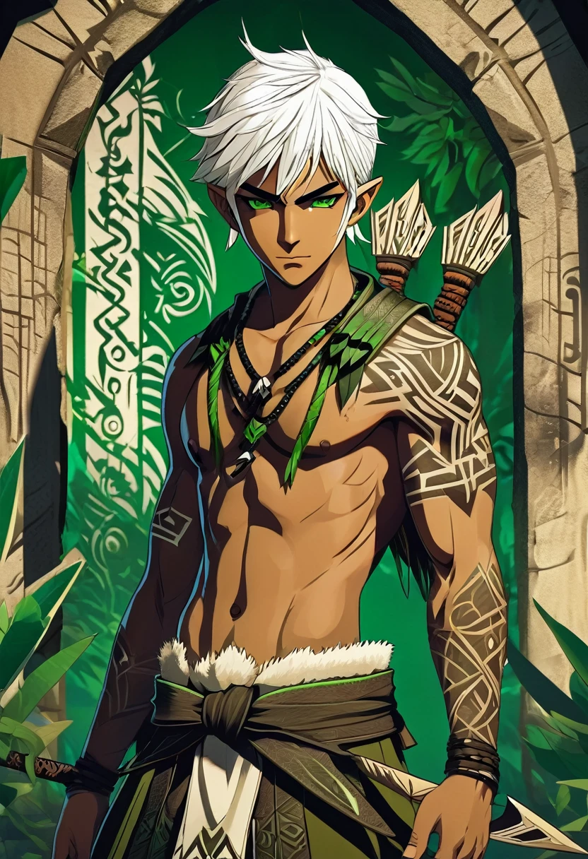 1boy, trap, wood elf, short white hair, green eyes, dark skin, white tribal tattoos, flat chest, thong, tribal bow, fantasy background, textured skin, UHD, UHD, UHD, UHD, award winning, high details, incredible high-key lighting and shadows, masterpiece, incredible illustration (anime style:1.5), modernism art, kawaii anime
