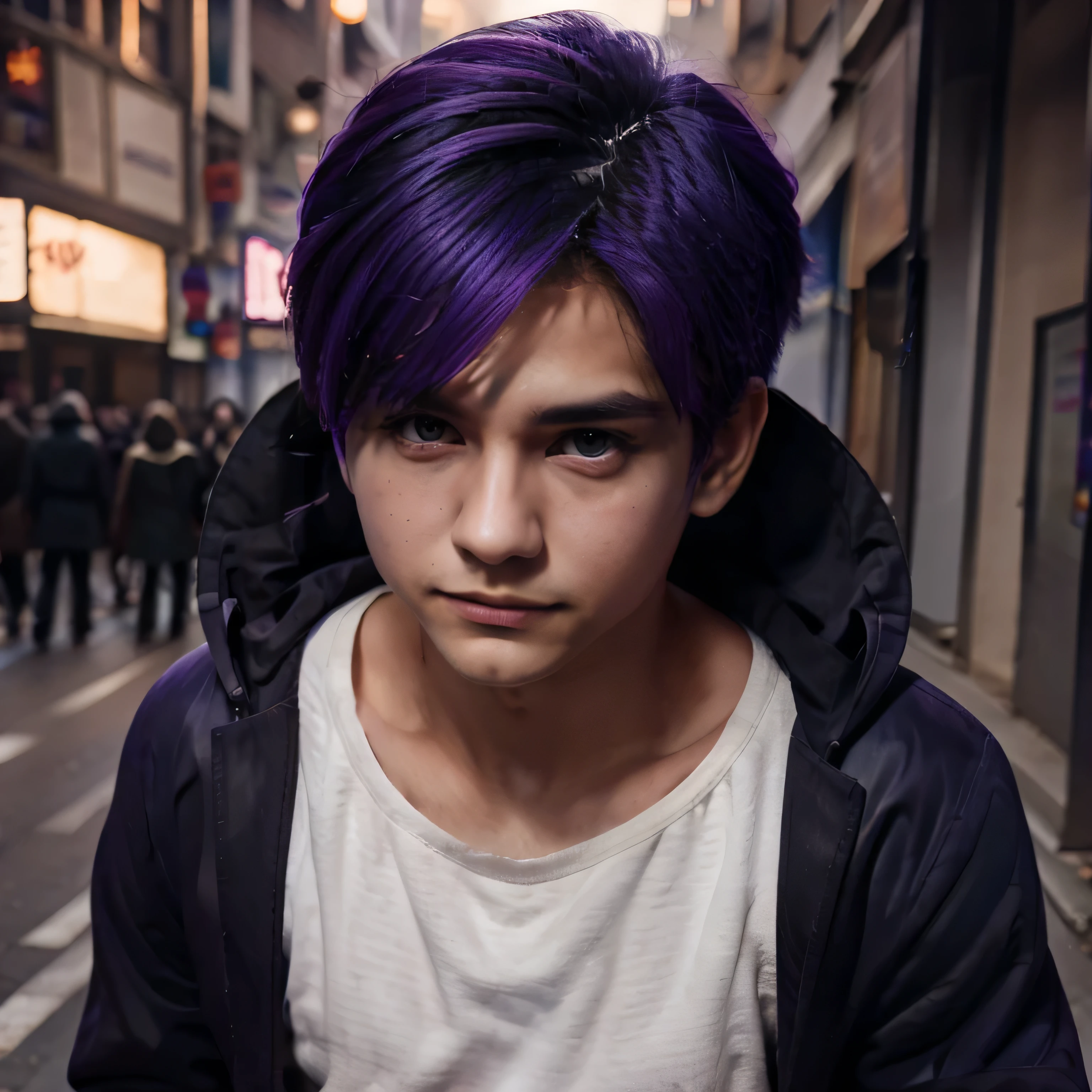 1 boy, ratara, purple hair, purple eyes, black jacket,realistic,ultra detail