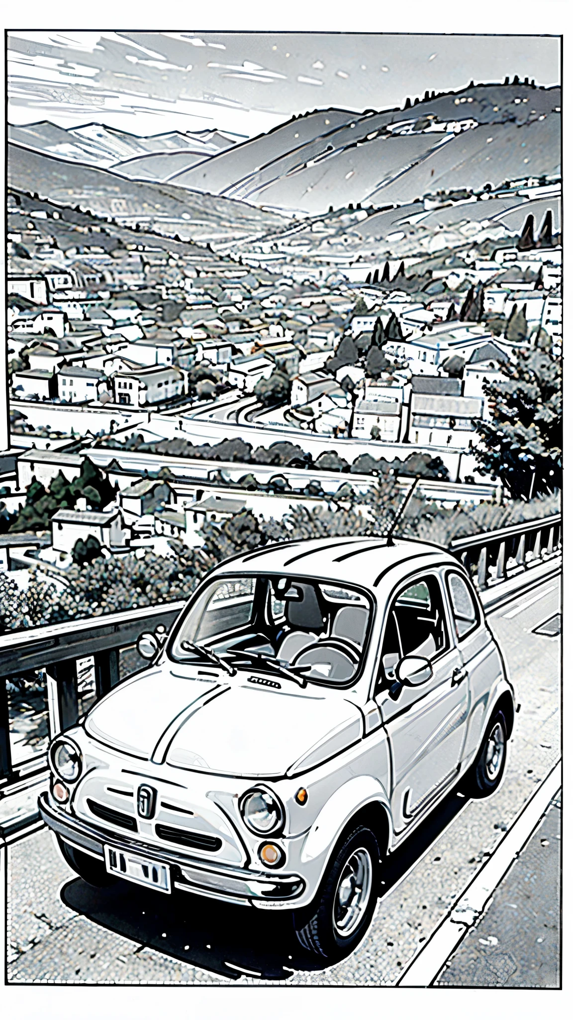(masterpiece:1.2, Highest quality),(Line art),(Monochrome),(Very detailed),8K,wallpaper,Fiat 500,Italian town,Sunset