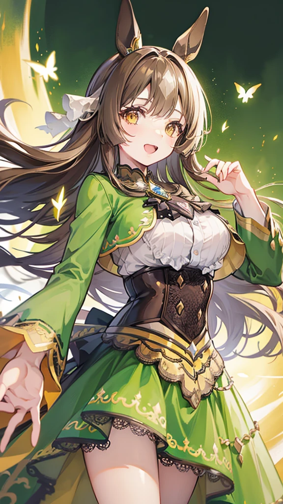 tiny girl,Colossal ,Smile with open mouth,horse ears,brown hair,long hair,green magical girl costume,yellow eyes,Top image quality,Best Quality