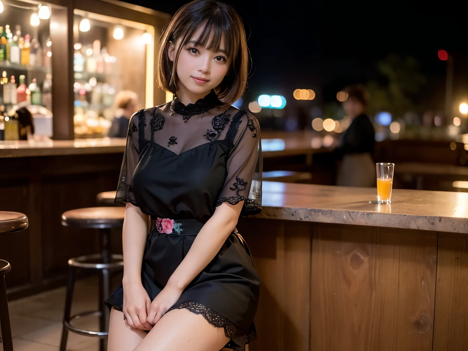 (Highest quality, masterpiece, Ultra-high resolution, 8k, RAW Photos, Realistic, Anatomically correct:1.5), (Stainless steel round bar fence:1.0, Put your elbow on the fence:1.2, Short Bob Cut, 20-year-old girl:1.2, Embarrassing, avert your eyes, blush:1.0, View Viewer, ((bar)) 、Night view、 Light:1.2, Bokeh, Cinema Lighting:1.0, Depth of written boundary, sharp、 Cute face、Idol、Black short sleeve lace top、Black tulle skirt、Black clothing、”dwarf”、(Floral clothes)、Full Body Shot、Cowboy Shot、 smile,