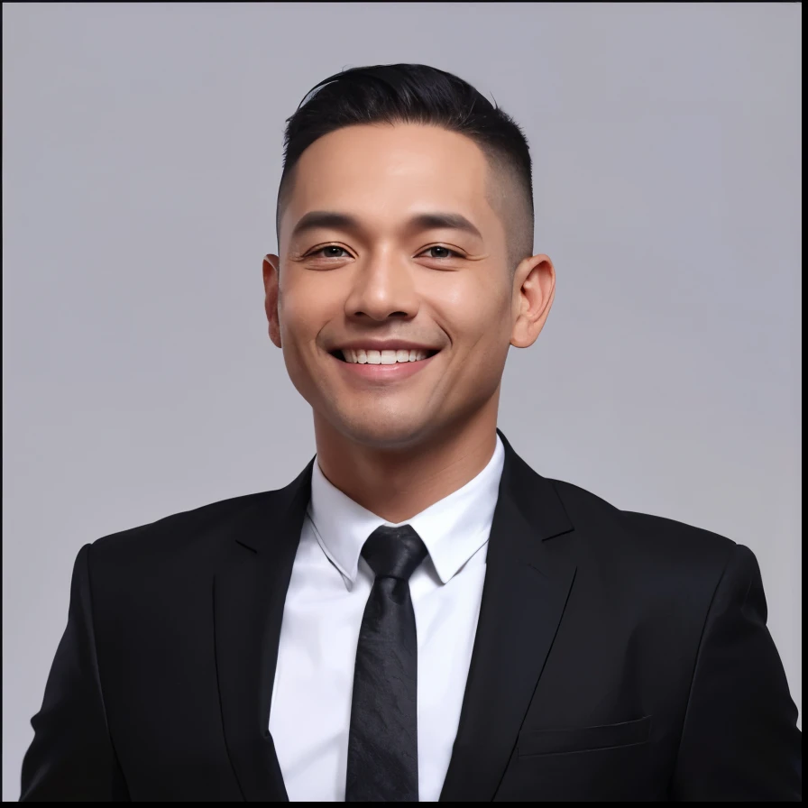 Create a detailed and realistic 3D digital portrait of a cheerful man with a friendly smile. The man should have short, neatly combed black hair, and a smooth, clean-shaven face. He is wearing a formal black suit with a white shirt underneath, giving him a professional and polished appearance. His facial features should be well-defined, with expressive eyes, a broad smile, and a confident demeanor. The background should be simple and neutral, such as a solid grey, to ensure the focus remains on the man's face and expression. The overall style should be hyper-realistic, capturing the fine details and textures of the skin, hair, and clothing.