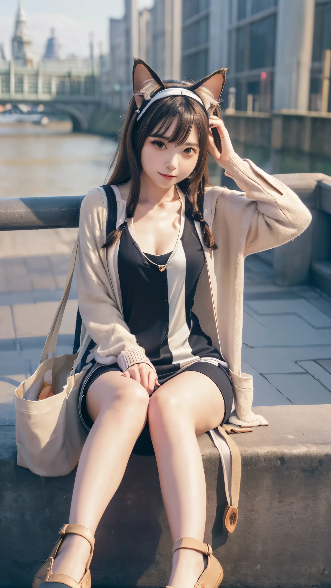 Masterpiece, 4k, Bokeh, beautiful face, (Japanese idle:1.6), (Long cardigan with a t-shirt dress and flats, Casual weekend background, Canvas tote bag:1.4), (Cat ears:1.3), Sitting on From below, (London:1.5)