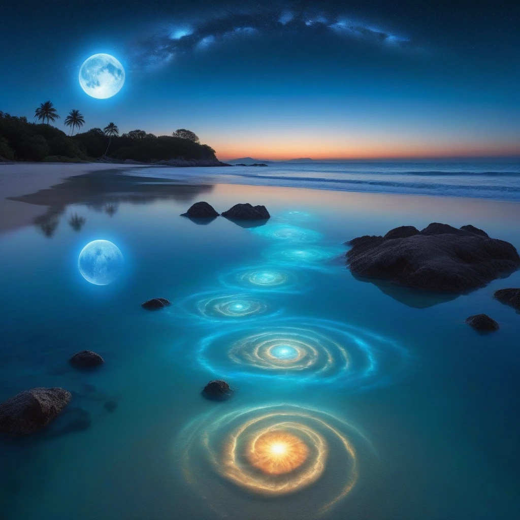 (masterpiece:1.35),(bestquality:1.4),8k,ultra-detailed,photography,(ultra-realistic:1.4),photo taken with grand angle, at night, a painting of a woman walking on a beach with an eye in the sky, a surrealist painting by Igor Morski, deviantart, psychedelic art, sense of awe, surrealist, deviantart hd, crystal lake,floating islands,bioluminescence water,high quality,night,high resolution:1.48),bokeh:3,