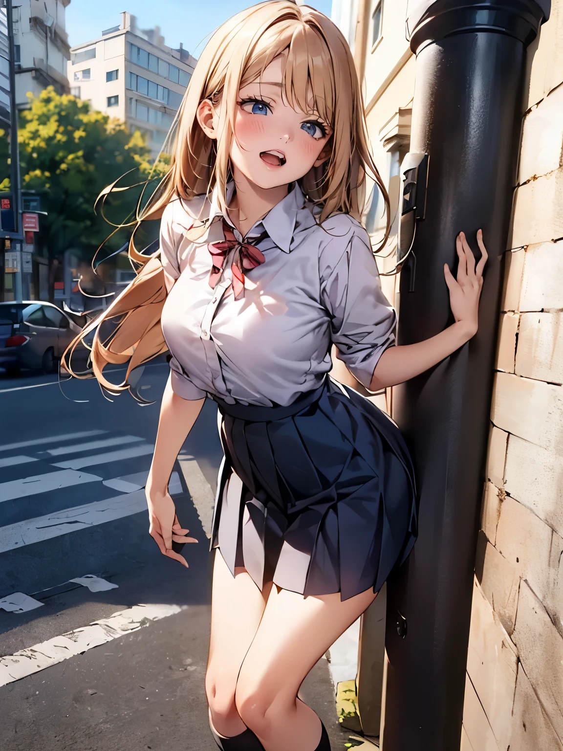 pieces fly、masterpiece、highest quality、Super detailed、High resolution、High resolution、8K portrait、Unity 8k壁紙のHigh resolutionCG、unity 8k wallpaper、cute type little:1.5、:1.5、Highly detailed CG unity 8k wallpaper、realistic、real person、cute type little、 portrait photography、shiny skin、High resolution、(:1.2)、(1 girl)、beautiful clear eyes、very detailed explanation、delicate face、nice lips、slender body、Same with big breasts thin waist、thin legs、(city road:1.6)、1 girl, cute type, perfect face, seriously, (blush:1.5),(golden hair ponytail:1.2),((there are many people nearby:1.4)),Same with big breasts,((school uniform:1.2)),(((clothing lift:1.5))), (((I have nipples))), Detailed description vagina,show vagina,spread legs,spread ,((Orgasm in the vagina:1.5))