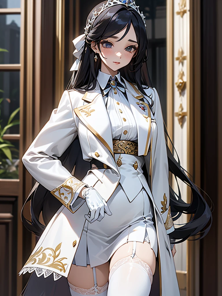 A beautiful woman with long hair wearing a luxuriously embroidered white tuxedo and standing alone at a royal palace party venue、Fold skirt、Lace gloves、Garter Stockings
