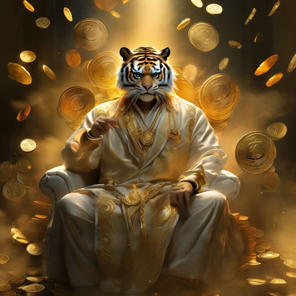 masterpiece, the legend about the incomparable wealth bestowed by the giant (human body, tiger head) has a cool posture, smoke, gold coins, random light and shadow, shining light special effects (full body portrait 1.4) perfect fantasy style about wealth, High resolution, best image quality, real images