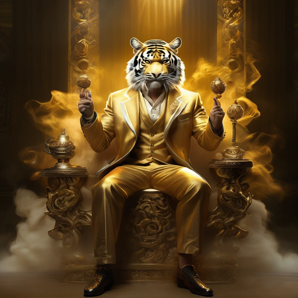 masterpiece, the legend about the incomparable wealth bestowed by the giant (human body, tiger head) has a cool posture, smoke, gold coins, random light and shadow, shining light special effects (full body portrait 1.4) perfect fantasy style about wealth, High resolution, best image quality, real images