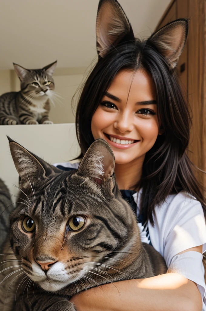 Smiling a cat on the rabbit