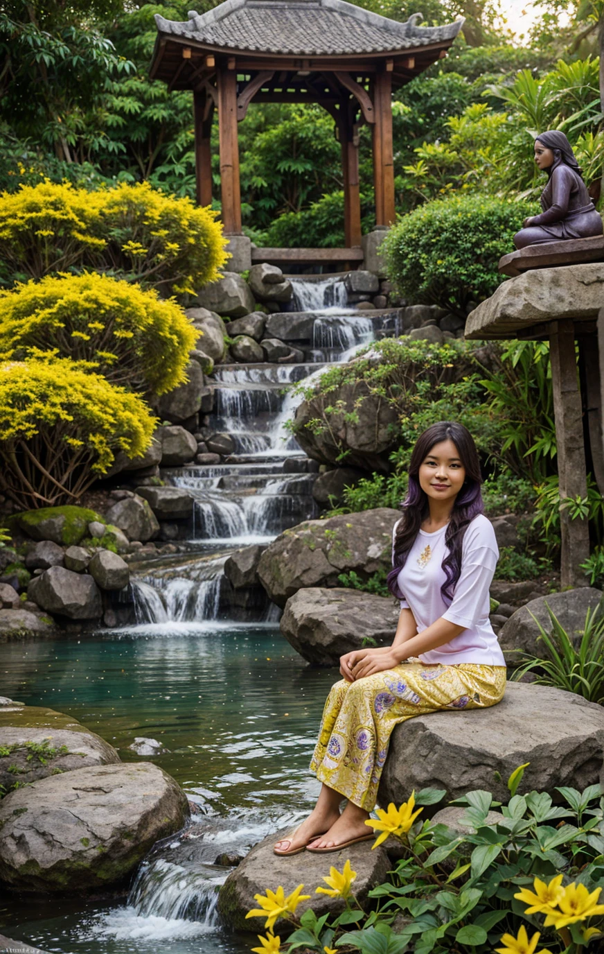 A beautiful Indonesian woman sits relaxed on a rock by the pool in a beautiful garden. She wore a beautiful patterned white long-sleeved t-shirt top and a long purple skirt with a gold pattern. Her long, wavy black hair is decorated with purple and yellow flowers. In the background you can see a curved wooden bridge, traditional buildings with pointed roofs, small waterfalls and carved statues. The garden is filled with colorful flowers such as yellow and purple. Several bamboo baskets filled with yellow flowers lay nearby. Soft, warm lighting adds to the calming and beautiful atmosphere. Detailed, high resolution images as if taken with an 88mm dslr camera, close up