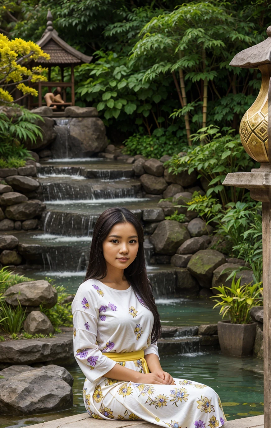 A beautiful Indonesian woman sits relaxed on a rock by the pool in a beautiful garden. She wore a beautiful patterned white long-sleeved t-shirt top and a long purple skirt with a gold pattern. Her long, wavy black hair is decorated with purple and yellow flowers. In the background you can see a curved wooden bridge, traditional buildings with pointed roofs, small waterfalls and carved statues. The garden is filled with colorful flowers such as yellow and purple. Several bamboo baskets filled with yellow flowers lay nearby. Soft, warm lighting adds to the calming and beautiful atmosphere. Detailed, high resolution images as if taken with an 88mm dslr camera, close up