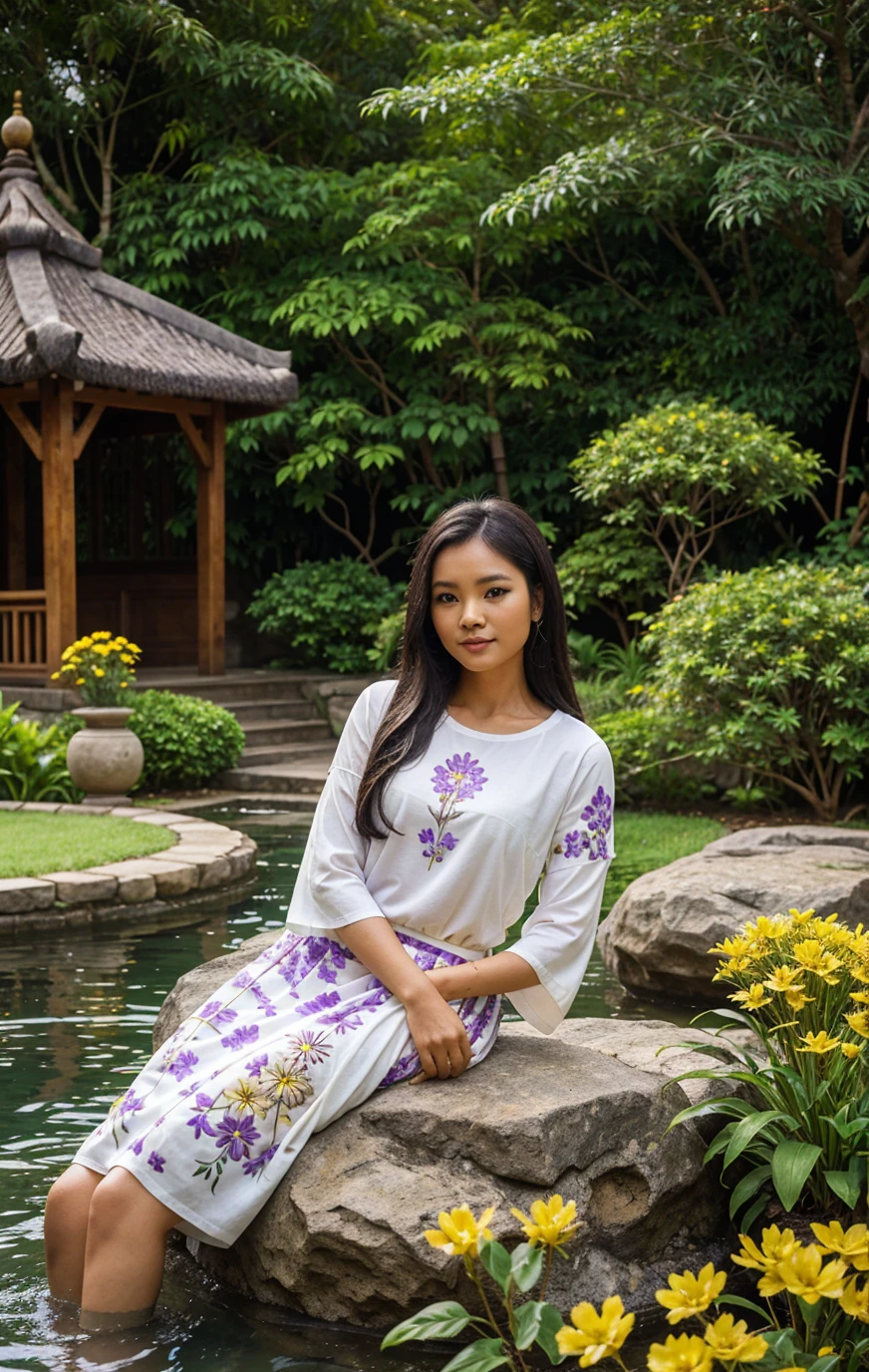 A beautiful Indonesian woman sits relaxed on a rock by the pool in a beautiful garden. She wore a beautiful patterned white long-sleeved t-shirt top and a long purple skirt with a gold pattern. Her long, wavy black hair is decorated with purple and yellow flowers. In the background you can see a curved wooden bridge, traditional buildings with pointed roofs, small waterfalls and carved statues. The garden is filled with colorful flowers such as yellow and purple. Several bamboo baskets filled with yellow flowers lay nearby. Soft, warm lighting adds to the calming and beautiful atmosphere. Detailed, high resolution images as if taken with an 88mm dslr camera, close up
